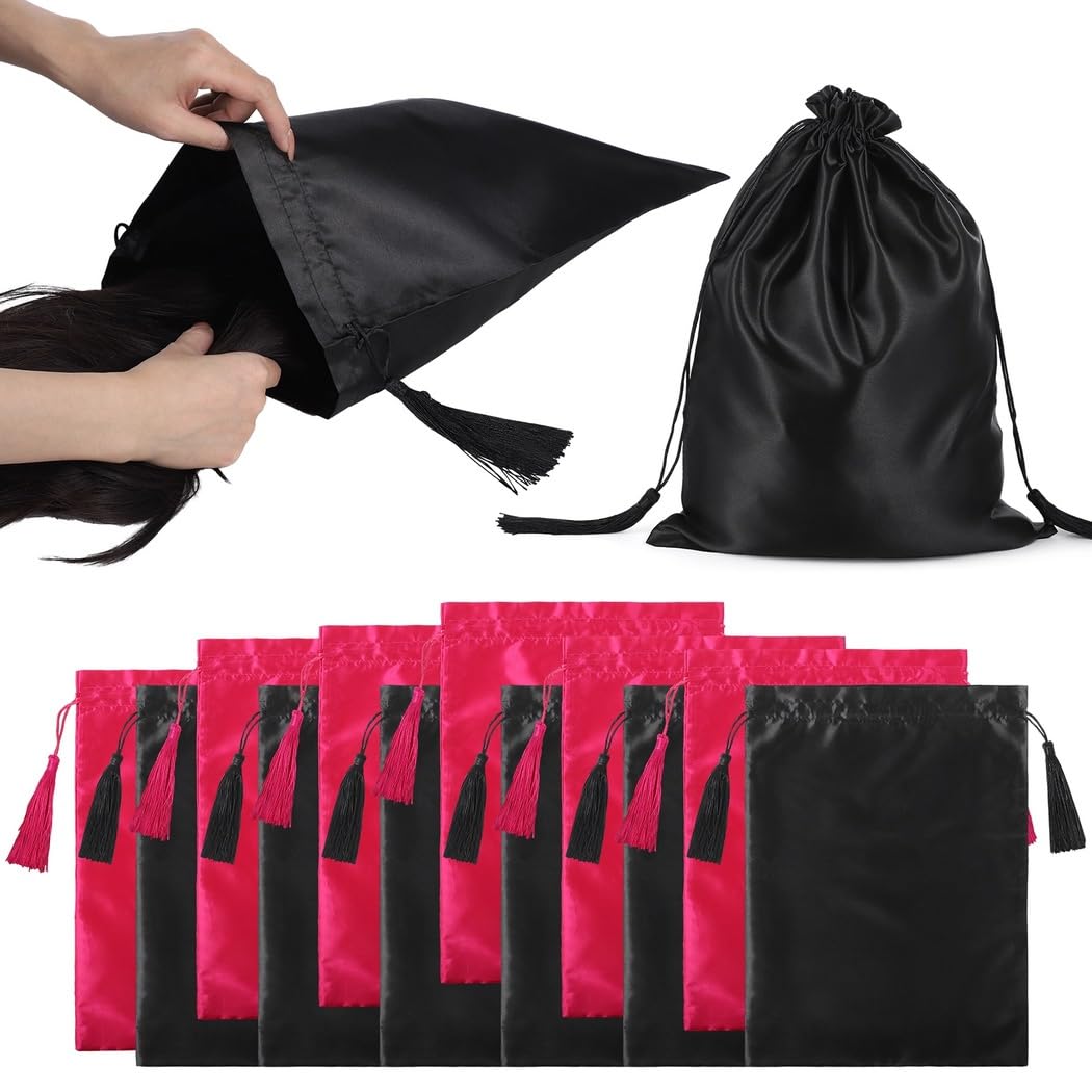 Set mit 12 Satin-Perücken-Aufbewahrungstaschen, Kordelzugbeutel für Perücken, Extensions und Salon-Zubehör