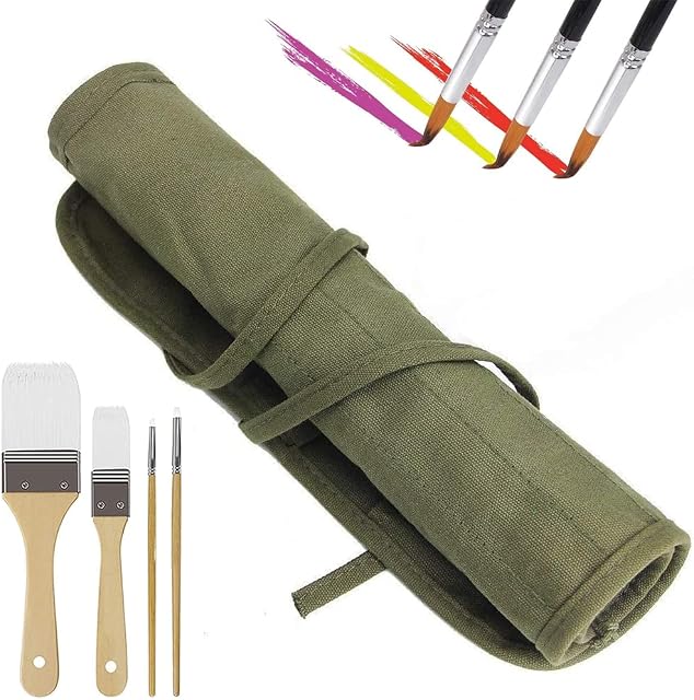 WDDY Paint Brush Holder bag, Drawing Pen Cases Holder, Canvas Roll, Case Roll Up 30 Slots, for Artist Brush, School Office Army Green