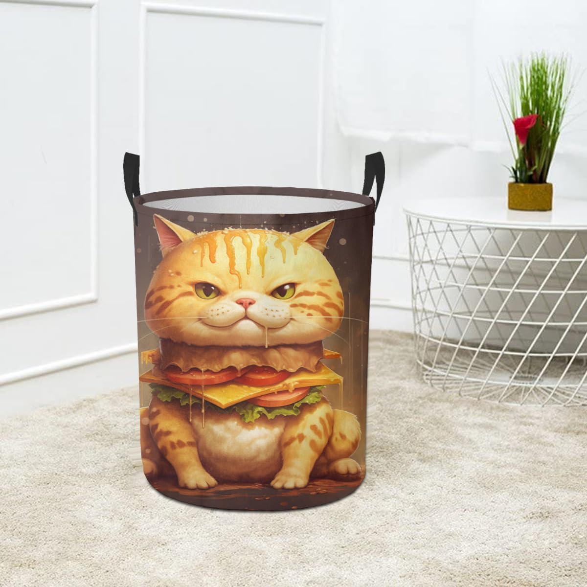 Funny Cat Cheese Burger Waterproof Foldable Storage Bin, Dirty Clothes Laundry Basket, Canvas Organizer Basket for Laundry Hamper, Toy Bins, Gift Baskets, Bedroom, Clothes, Kids Hamper image 5