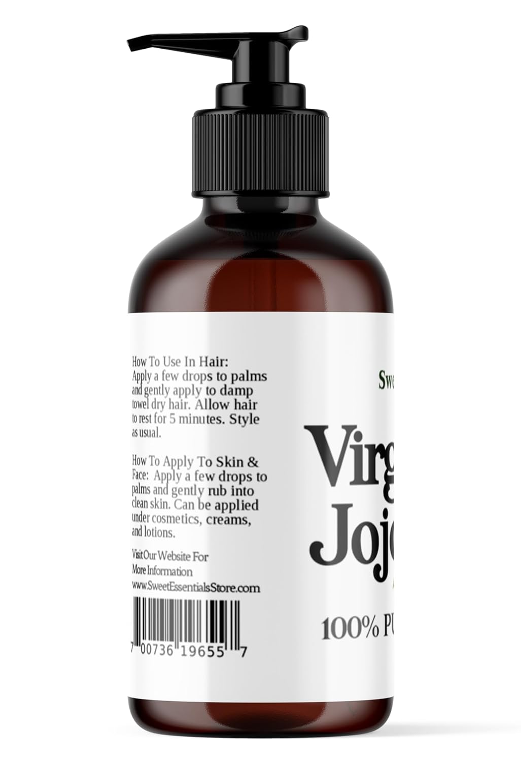 Sweet Essentials Organic Unrefined Jojoba Oil, Imported From Argentina, 100% Pure, Cold Pressed - For Hair, Skin & Nails - Best Natural Moisturizer - Hexane Free (8 fl oz Glass Bottle With Pump)