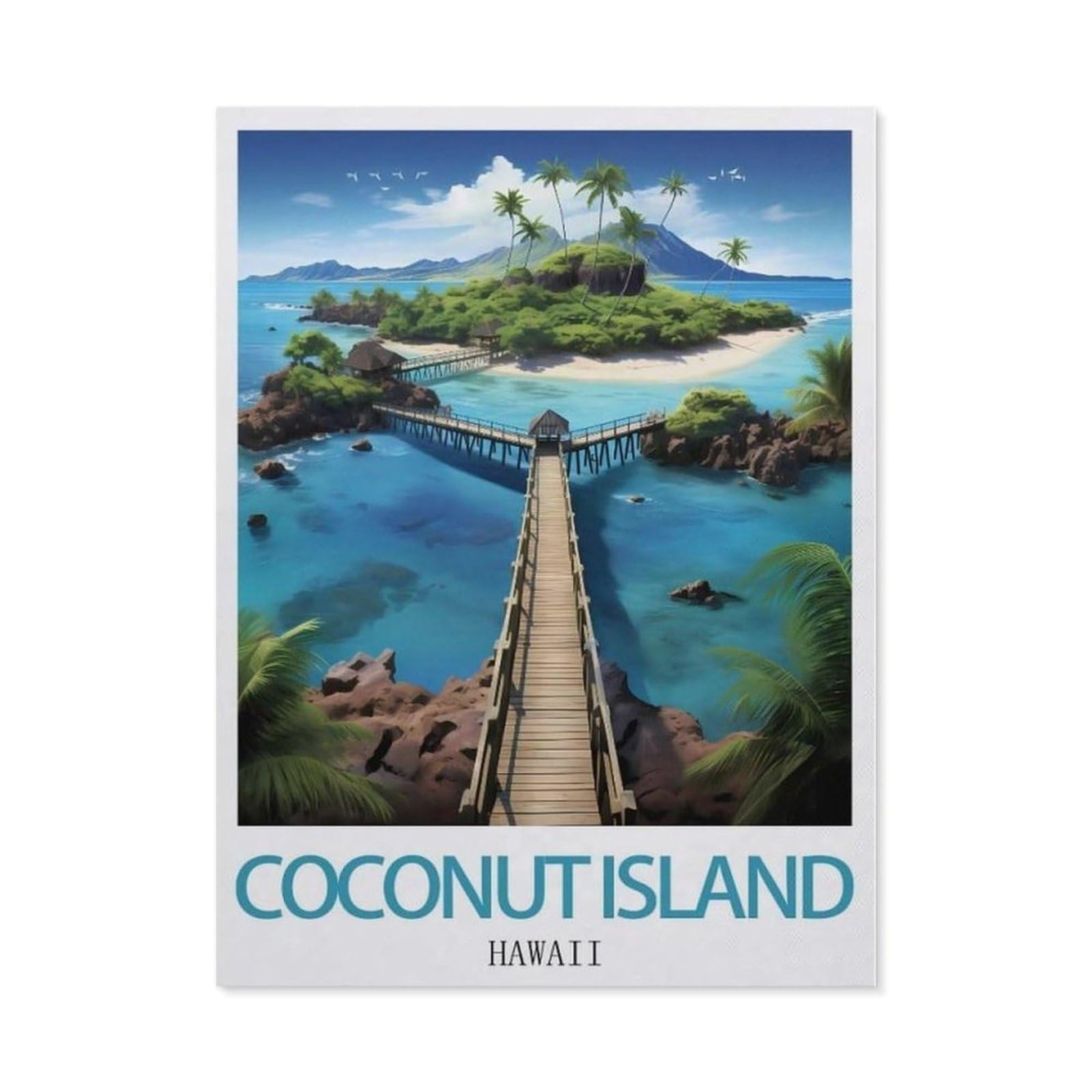 Beayodkp （30 X 40 Cm/11.81 X 15.74 Inches） Diy 5D Diamond Painting，Coconut Island Hawaii Vintage Travel Posters，Round Diamond, Used For Room Decoration-Ce7