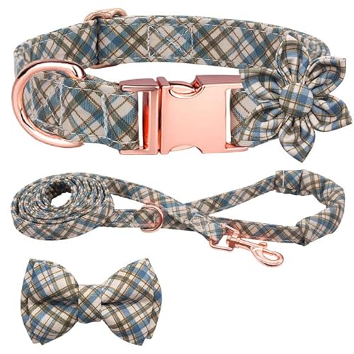 Hilkycton Plaid Dog Collar Leash Set with Bow Tie Adjustable Cute Puppy Collar with Durable Metal Buckle Girls Boys Dog Collar for Small Medium Large Dogs Vintage-M