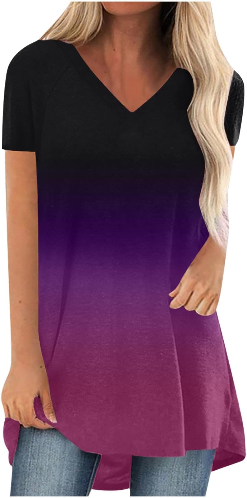 Ladies Tops Sale Clearance Tunic Shirts Blouses Going Out Women's Short Sleeve Gradient Print Blouse Summer V-Neck Loose T-Shirt Tops D Summer Loose Shirts Pullover 381
