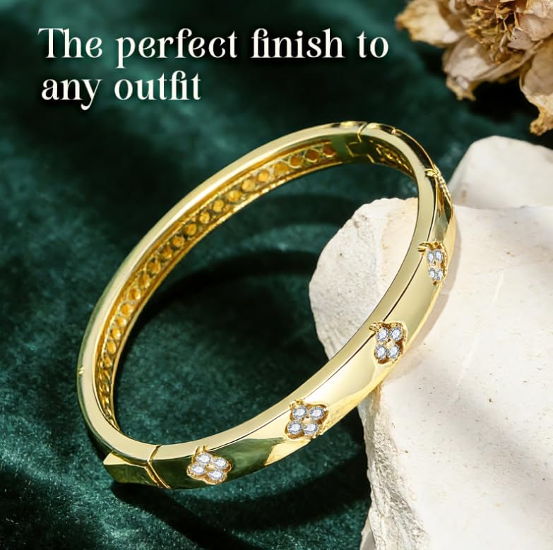 Moissanite Bracelets for Women Four Leaf Clover Bracelet 14K Gold Plating with D Color VVS1 Stones Lucky Charm Jewelry Durable Stackable Gift for Her Size 6.5in - Image 6