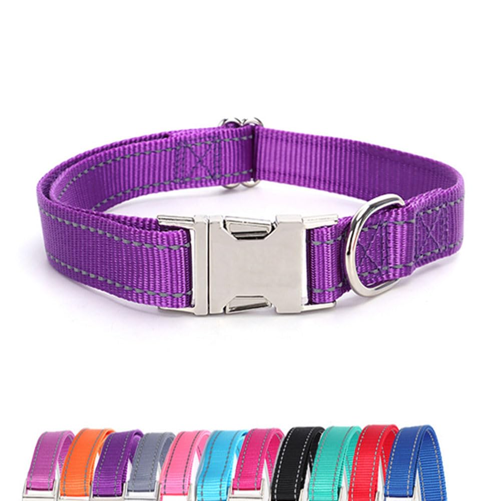 Reflective Dog Collar with Metal Buckle, Soft Sturdy Nylon Dog Collars with Quick Release Buckle, Adjustable Pet Collars with with ID Tag Ring for