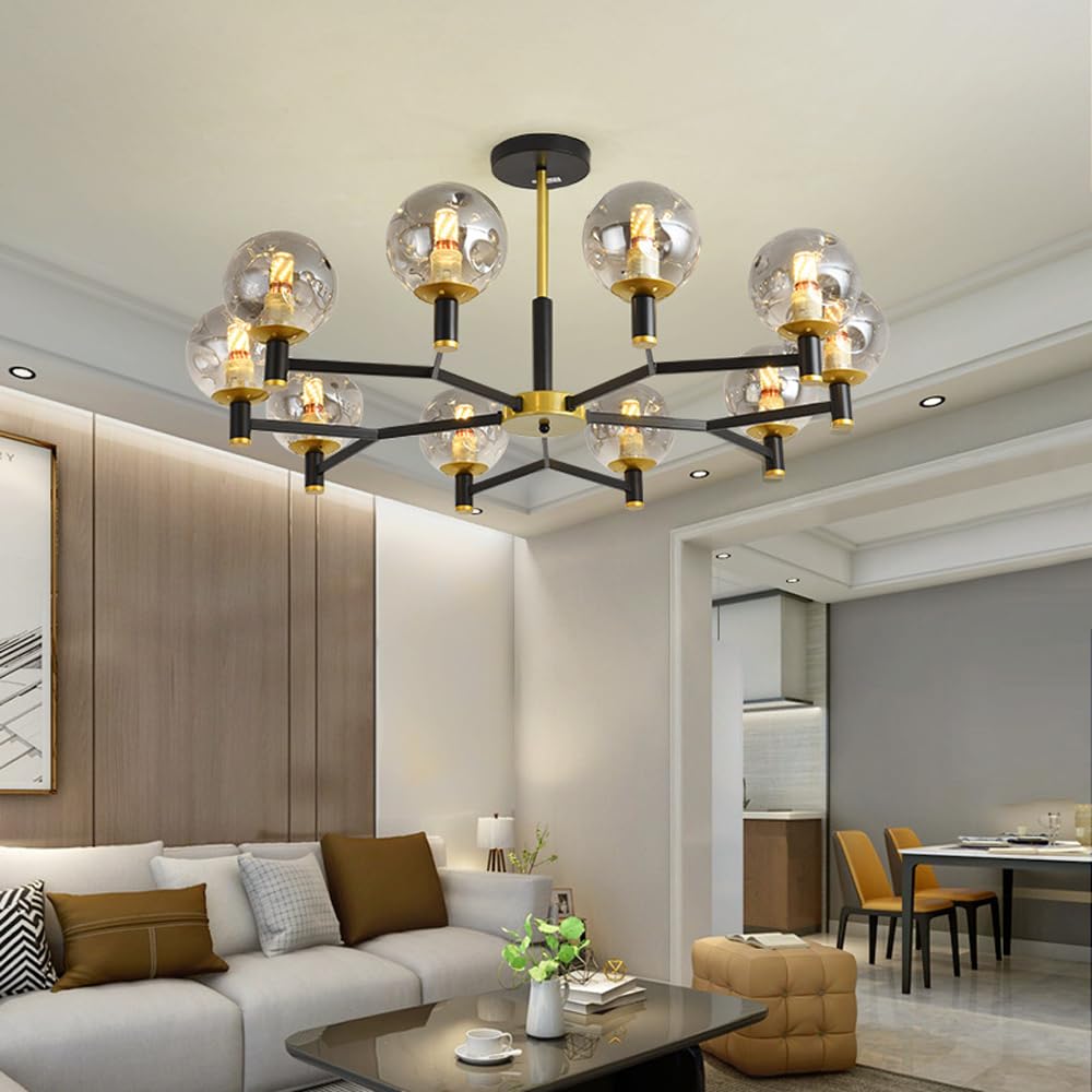 Lustre moderne suspendu à hauteur réglable avec 8 à 10 lampes en verre et métal