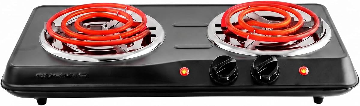 OVENTE Electric Double Burner, 1700W Coil Hot Plate, Black BGC102B | 6" & 5.75" Portable Countertop Cooktop, Metal Housing, 5-Level Temperature Control, Indicator Light, Easy-to-Clean, Compact