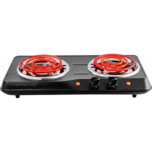 OVENTE Electric Double Burner, 1700W Coil Hot Plate, Black BGC102B | 6" & 5.75" Portable Countertop Cooktop, Metal Housing, 5-Level Temperature Control, Indicator Light, Easy-to-Clean, Compact