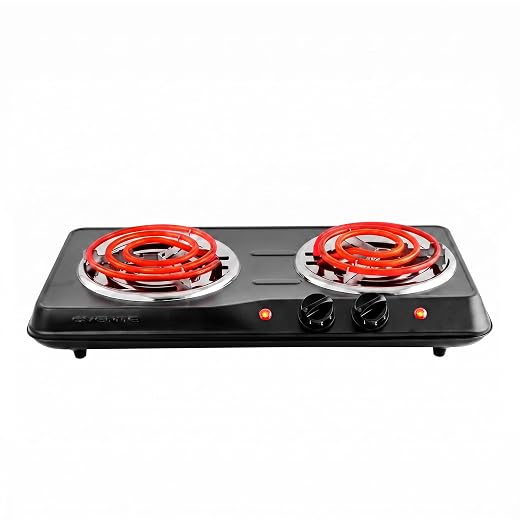 OVENTE Electric Double Burner, 1700W Coil Hot Plate, Black BGC102B | 6" & 5.75" Portable Countertop Cooktop, Metal Housing, 5-Level Temperature Control, Indicator Light, Easy-to-Clean, Compact