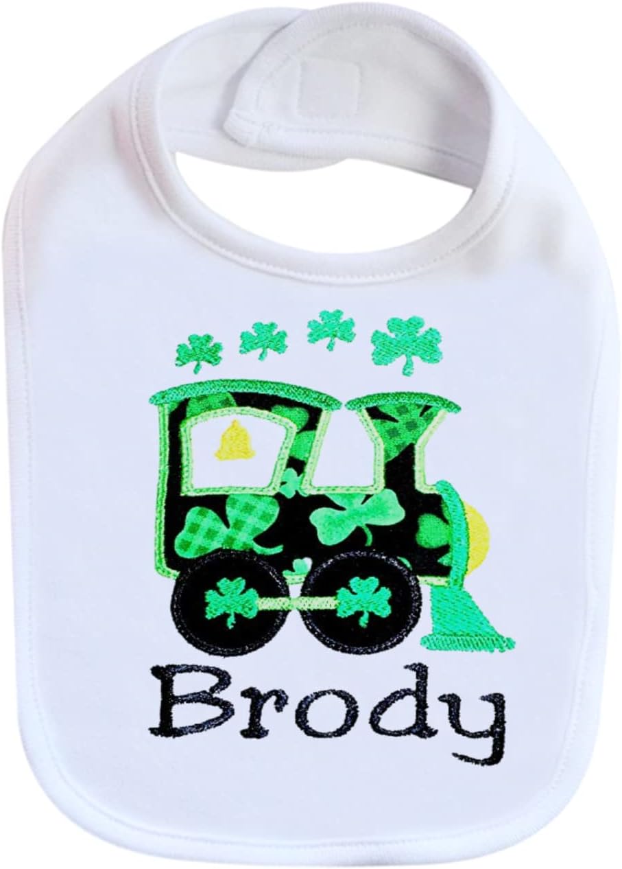 Embroidered St. Patrick's Day Baby Boy Bib Shamrock Train Personalized with your Baby Custom Name