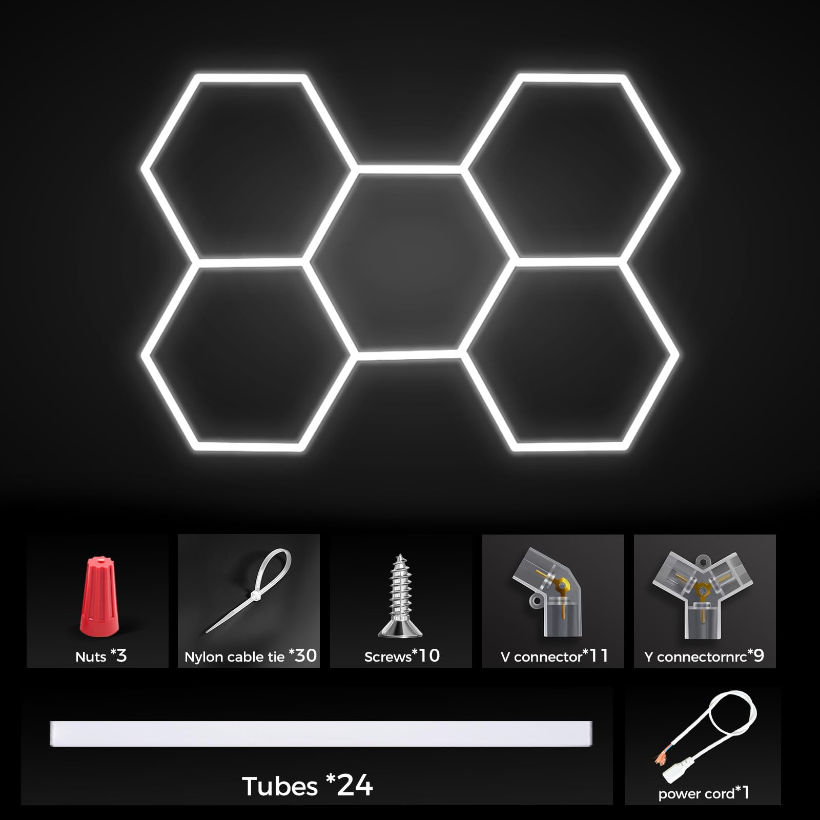 Plafoniera LED esagonale per garage 5 hex, 192W luci tubolari | 6500K 21120LM luci da soffitto DIY LED collegabili per dettagli auto magazzino seminterrato cura dell'auto lavanderia