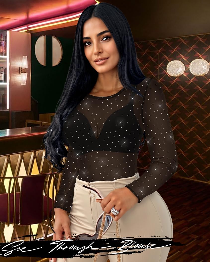 Women's Mesh Tops Sheer Long Sleeve Tee Shirts Bodycon See Through Blouse Clubwear - Image 2