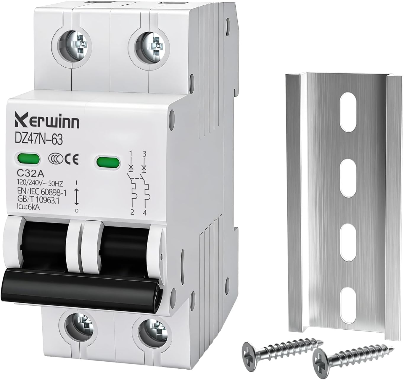 AC Miniature Circuit Breaker 2 Pole 32A (MCB),120V/240V 50/60Hz DIN Rail Mount Breaker, Compatible with Grid-Tied Solar Systems, RV & Home Circuits(C32A)
