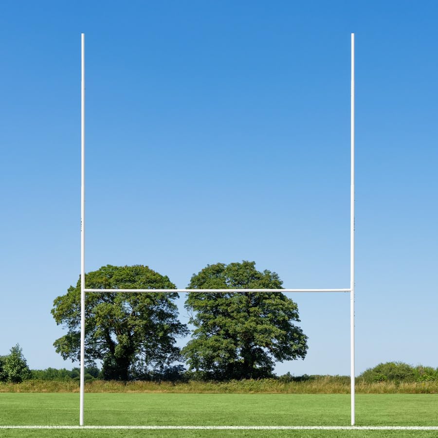 FORZA Steel76 Socketed Rugby Posts – Heavy Duty Aluminised Steel Rugby Goal Posts, 6m or 9m Height, White Powder Coated, Ground Socketed, Regulation Compliant for Clubs & Schools