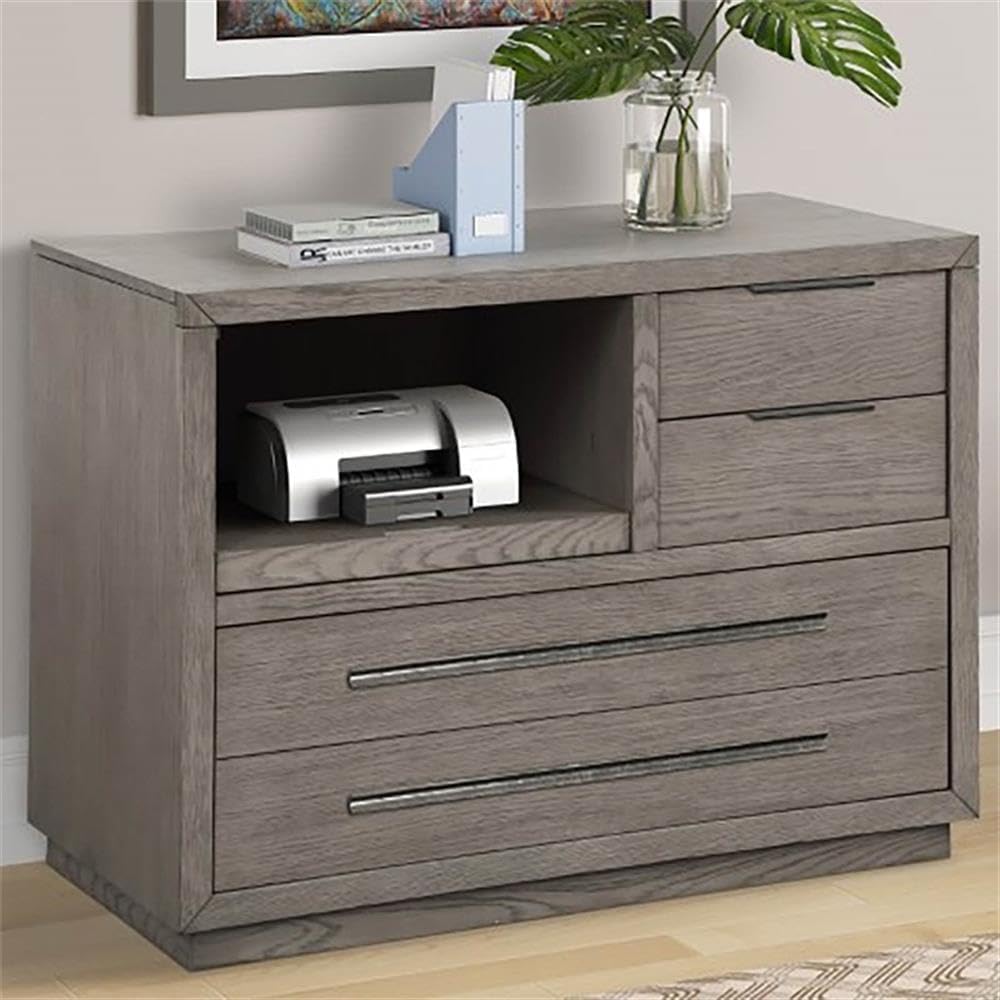 Pemberly Row Contemporary Wood Filing Cabinet, 40" W x 21" D x 30" H, Moonstone Finish, Oak Solids and Veneers, Pull-Out Printer Shelf, Adjustable Shelf, File Drawer, Home Office Functional Storage