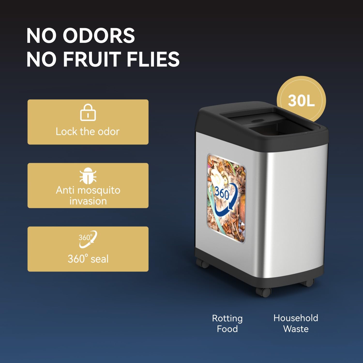 ELLO&ALLO 13 Gallon Automatic Touchless Motion Sensor Kitchen Trash Can with Roll Up Lid, Wheels, Brushed Stainless Steel Finish, Rectangular