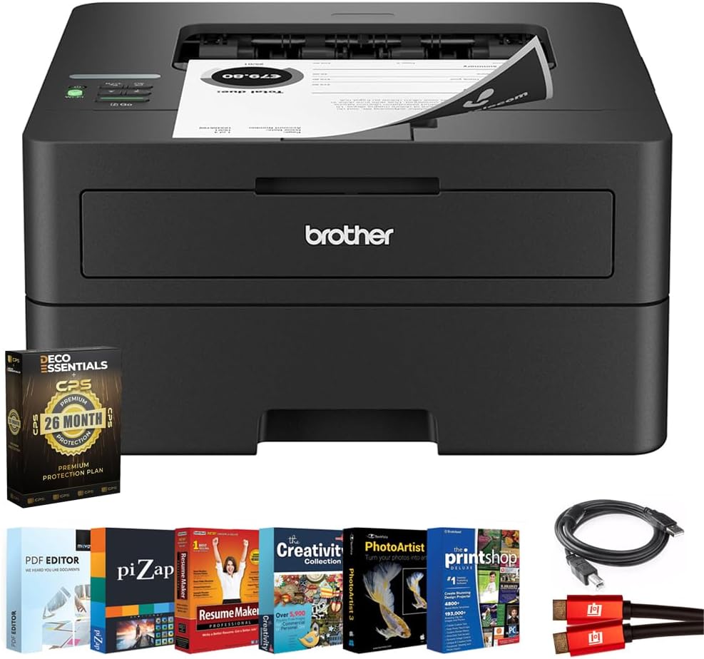 Brother HLL2460DW SOHO Laser Printer Bundle with 26 Month Protection Plan, Printer Essentials Digital Download, 6FT HDMI 2.0 Cable & 6FT USB Type‑A to Type‑B Cable