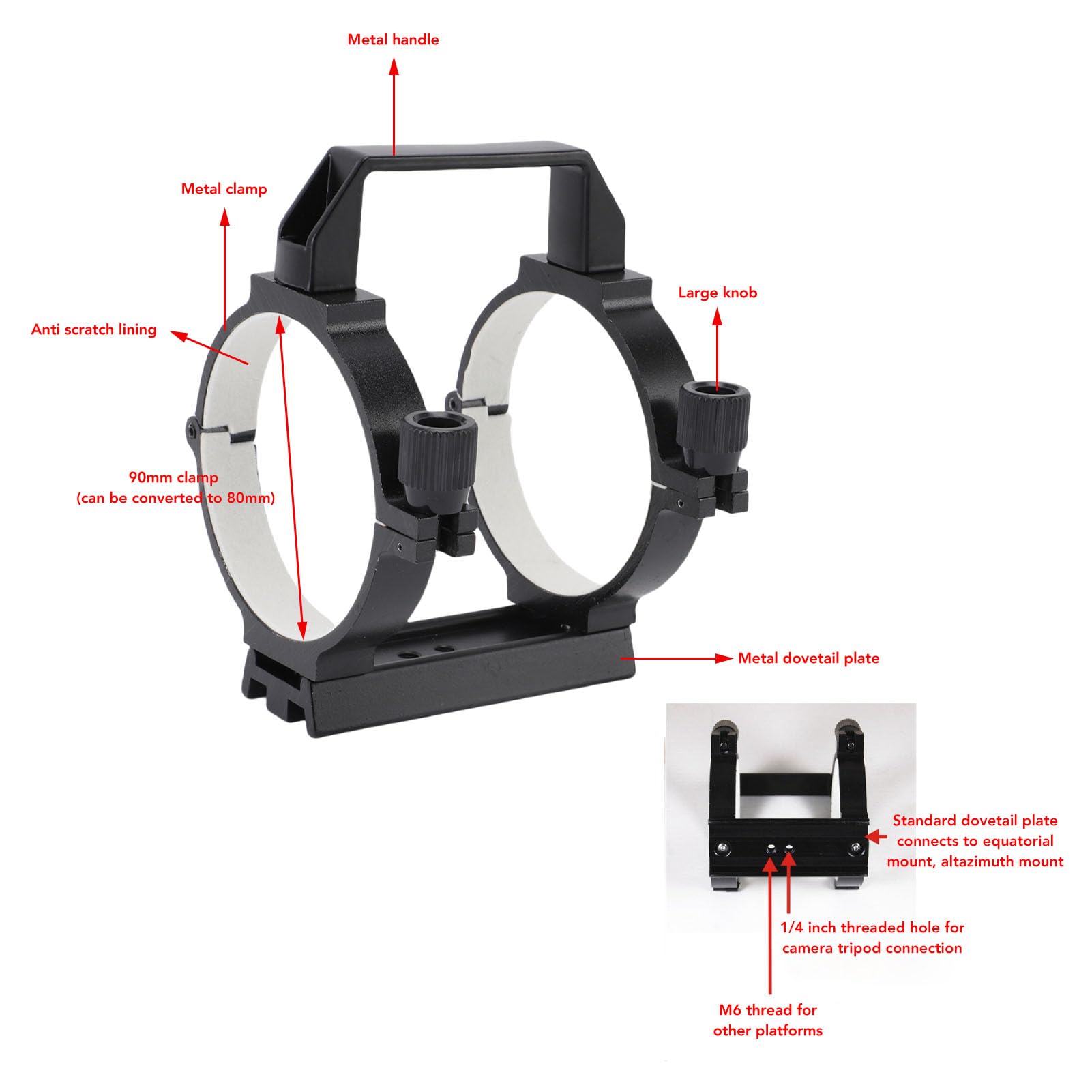 VBESTLIFE Anneau de Tube de Télescope, Pince de Tube Optique avec Plaque en Queue d'aronde de 108 Mm, Trou M6, Trou de 1/4 Po, pour Télescope Astronomique de 80 Mm à 90 Mm
