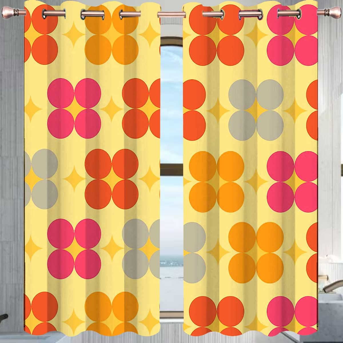 レトロ　カーテン Amazon｜レトロ 60S 70S デザイン 遮光カーテン 2パネル ドレープ 幾何