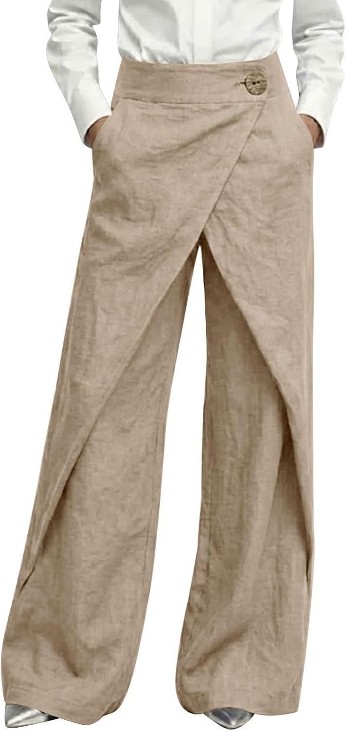 Womens Cotton Linen Pants High Waist Wrap Wide Leg Loose Fit Beach Clothing Flowy Summer Casual Pants with Pockets