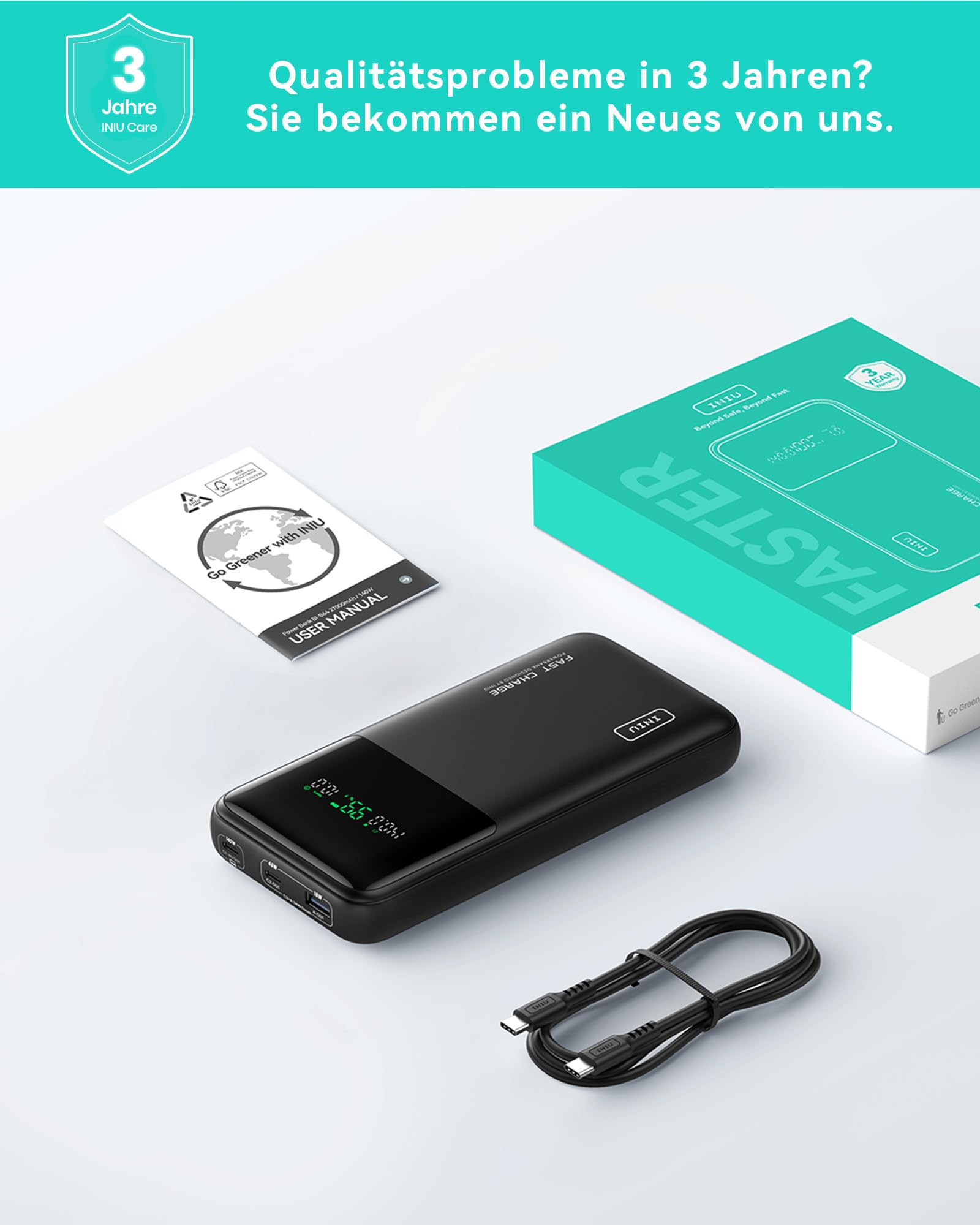 INIU 140W Laptop Powerbank, 27000mAh Flugzeug-geeignet Hochkapazität USB C Powerbank mit Kabel & Display, 3-Port Schnelllade Externe Akku für MacBook Steam Deck iPhone iPad iPhone Samsung Travel