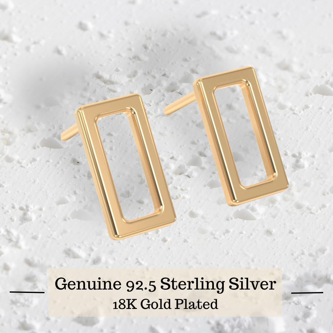 18k Stud Earrings for Women, Tiny Flat Rectangle Earrings Set | Small Hypoallergenic Rectangle Stud Earrings | Dainty Rectangle Cartilage Valentines Studs for Girls