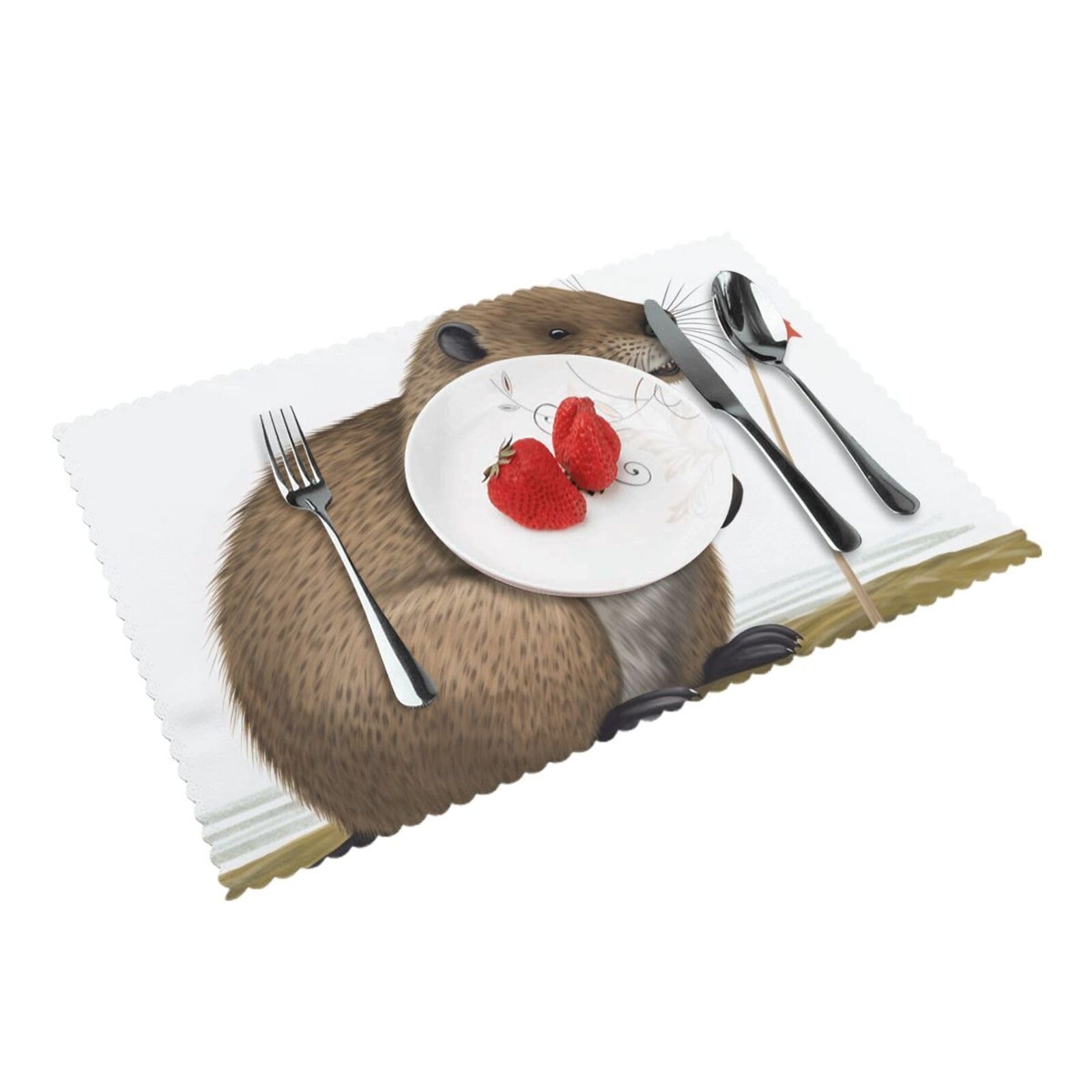 Beaver Cartoon Printed Placemat Heat Resistant Place Mats Set of 4 PCS Washable Kitchen Table Mats, 12x18 Inch