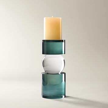 Z Gallerie Teal & Clear Crystal Pillar Candle Holder Small Modern Stacked Glass for Layered Ambiance