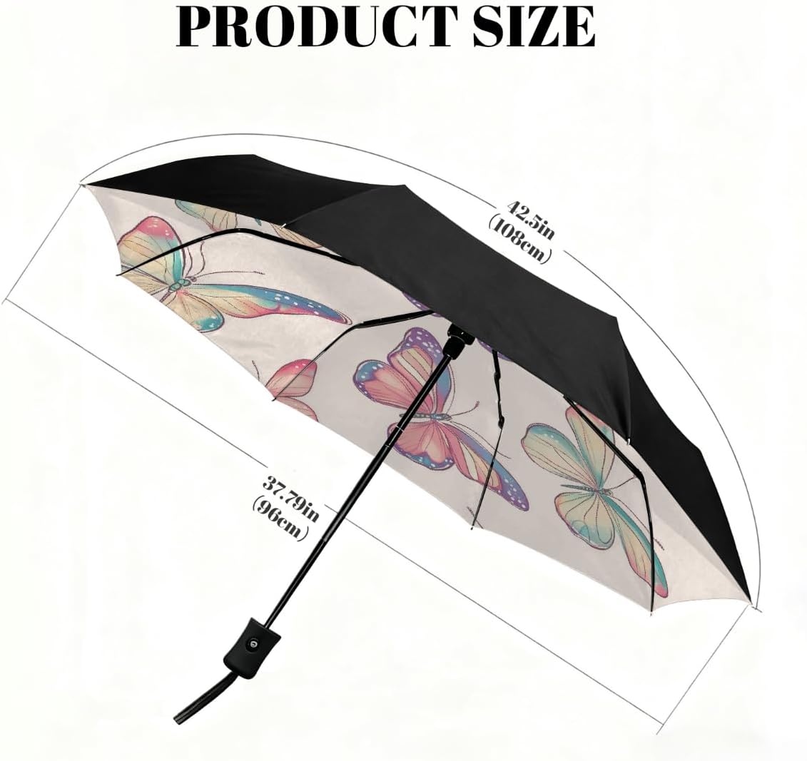 Retro Butterfly Painting Folding Umbrella Windproof Compact Lightweight Travel Umbrella with 8 Reinforced Ribs, Portable UV Sun & Rain Protection for Men & Women