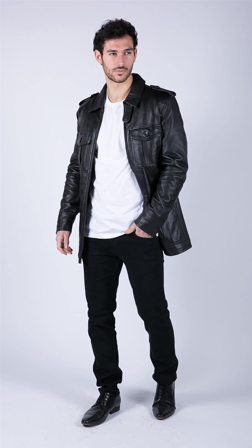 TruClothing Mens Real Leather Safari Parka Coat Black Brown Tailored Fit Casual Jacket