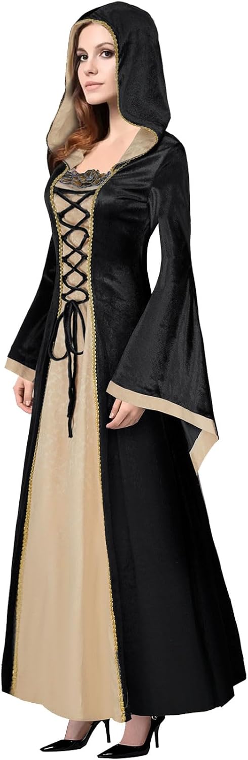 Oiefeen Women's Medieval Renaissance Clothing Hooded Velvet Queen Dress Long Dress Halloween Costume - Image 2
