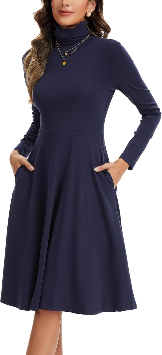 Kormei Women's Long Sleeve Turtleneck Casual Ribbed Knit Loose Tunic Fall Dress A Line Flare Dresses - Image 4