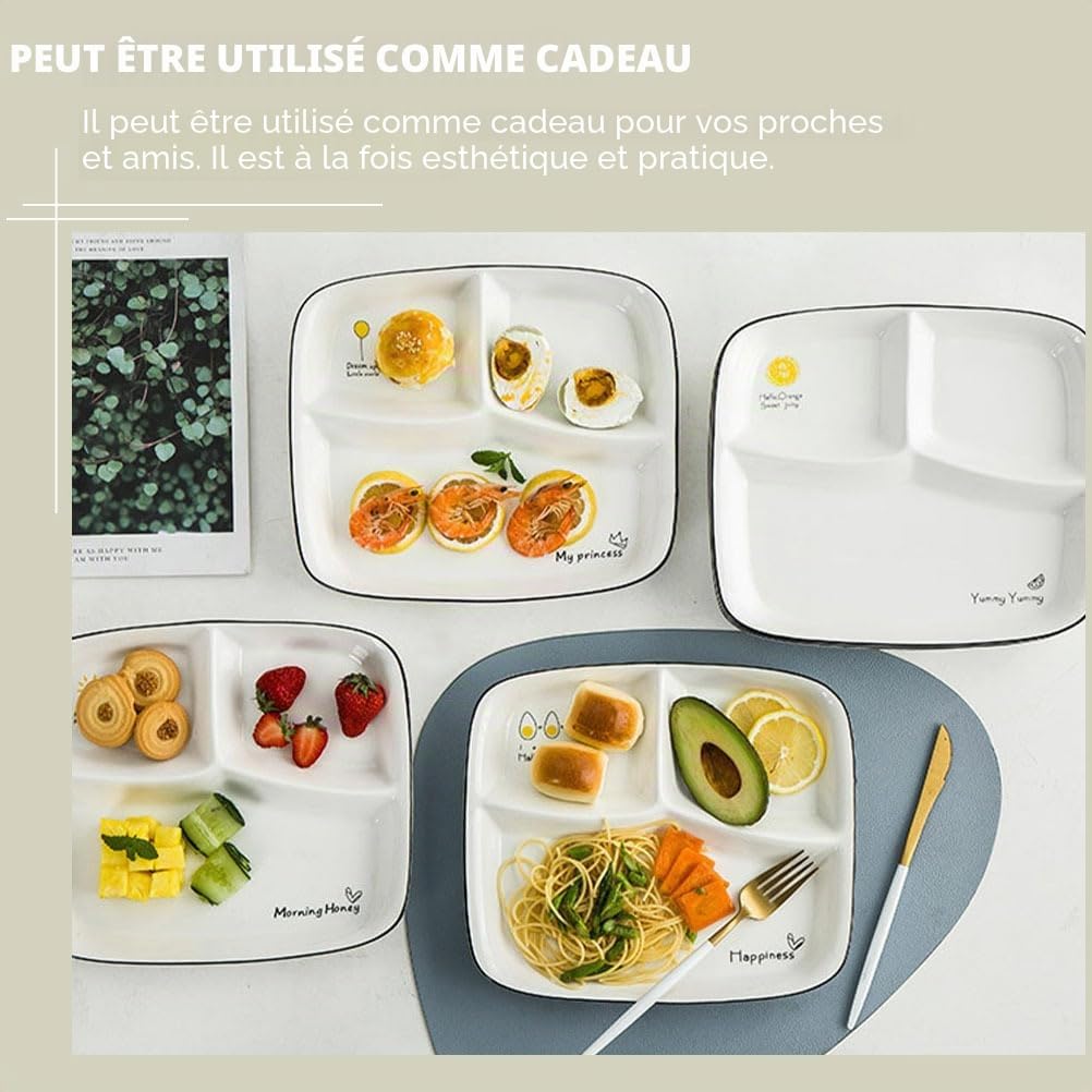 Assiette à petit-déjeuner en céramique avec compartiments – Assiette triple de 25,4 cm pour adultes, assiette divisée en porcelaine pour la maison, les restaurants, les hôtels