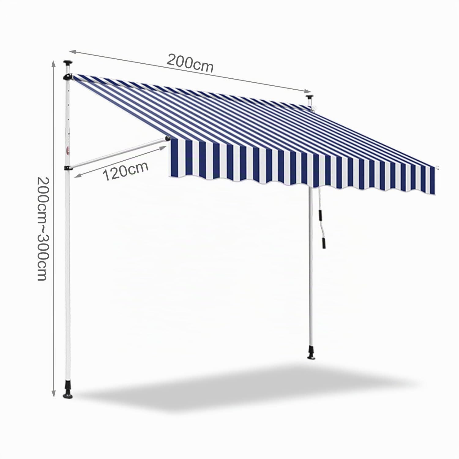 Tenda da sole per balcone senza foratura, larghezza 250 cm, con manovella, regolabile in altezza, resistente ai raggi UV e impermeabile, tenda da sole per terrazze, balconi, colore blu e bianco