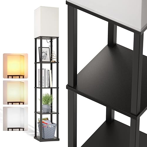 addlon 5-Tier LED Shelf Floor Lamp with White Lamp Shade and 3CCT LED Bulb, Display Floor Lamps with Shelves for Living Room, Bedroom and Office - Matt Black