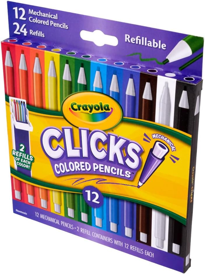 Crayola Clicks 2.0mm Mechanical Colored Pencil Set, 12 Assorted Colors, Coloring Pencils for Kids, No Sharpen, 24 Replacement Cores, Ages 5+ image 3