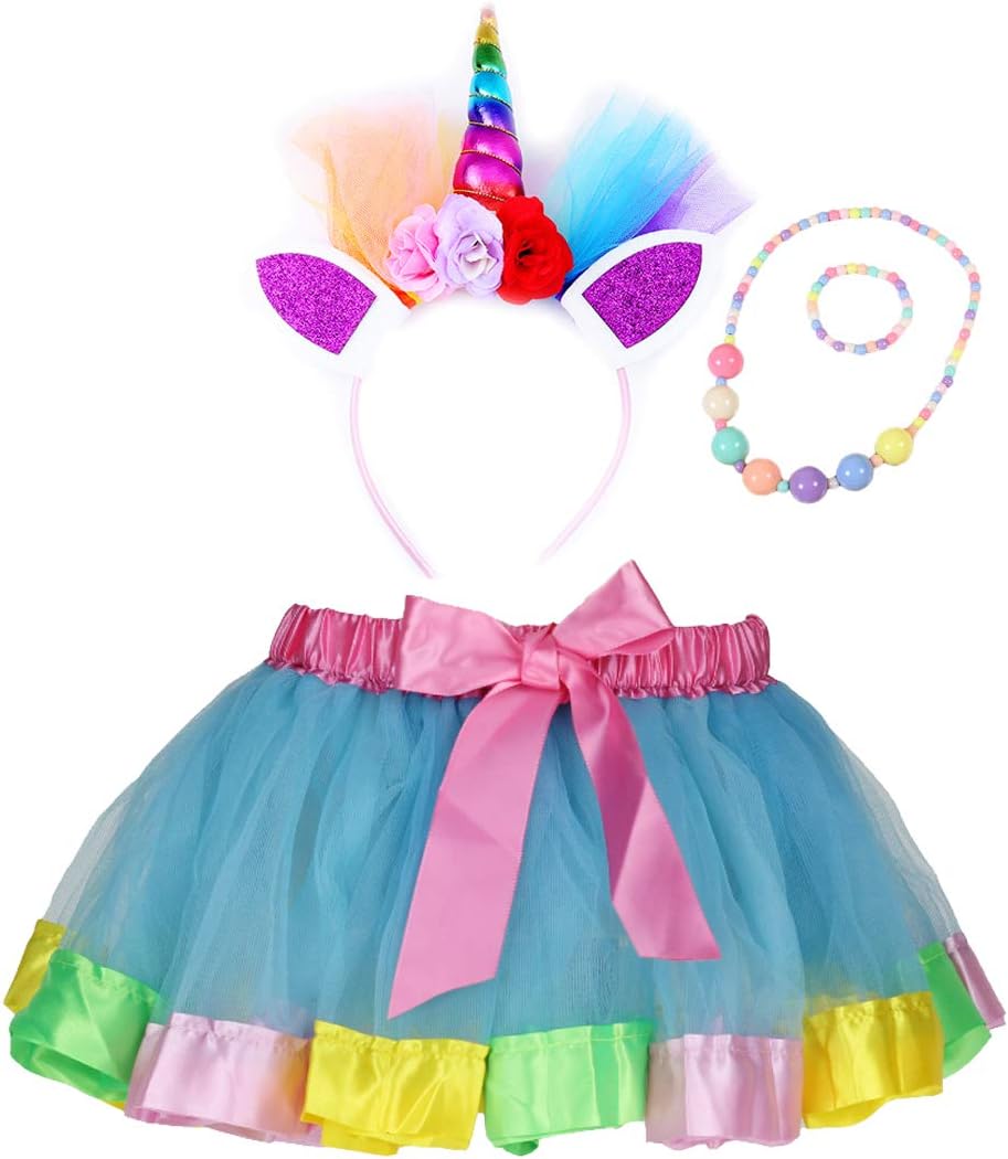 Girls Layered Rainbow Tutu Skirt with Unicorn Horn Headband (Light Blue, L)