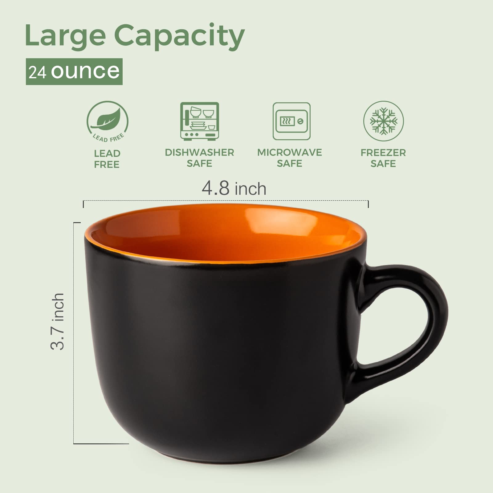 AmorArc 680 ml Suppentassen mit Griffen, Jumbo-Keramikschalen-Set mit Griffen für Kaffee, Müsli, Cappuccino, Snacks, mikrowellen- und spülmaschinenfest, Suppentassen für Mahlzeiten, Orange