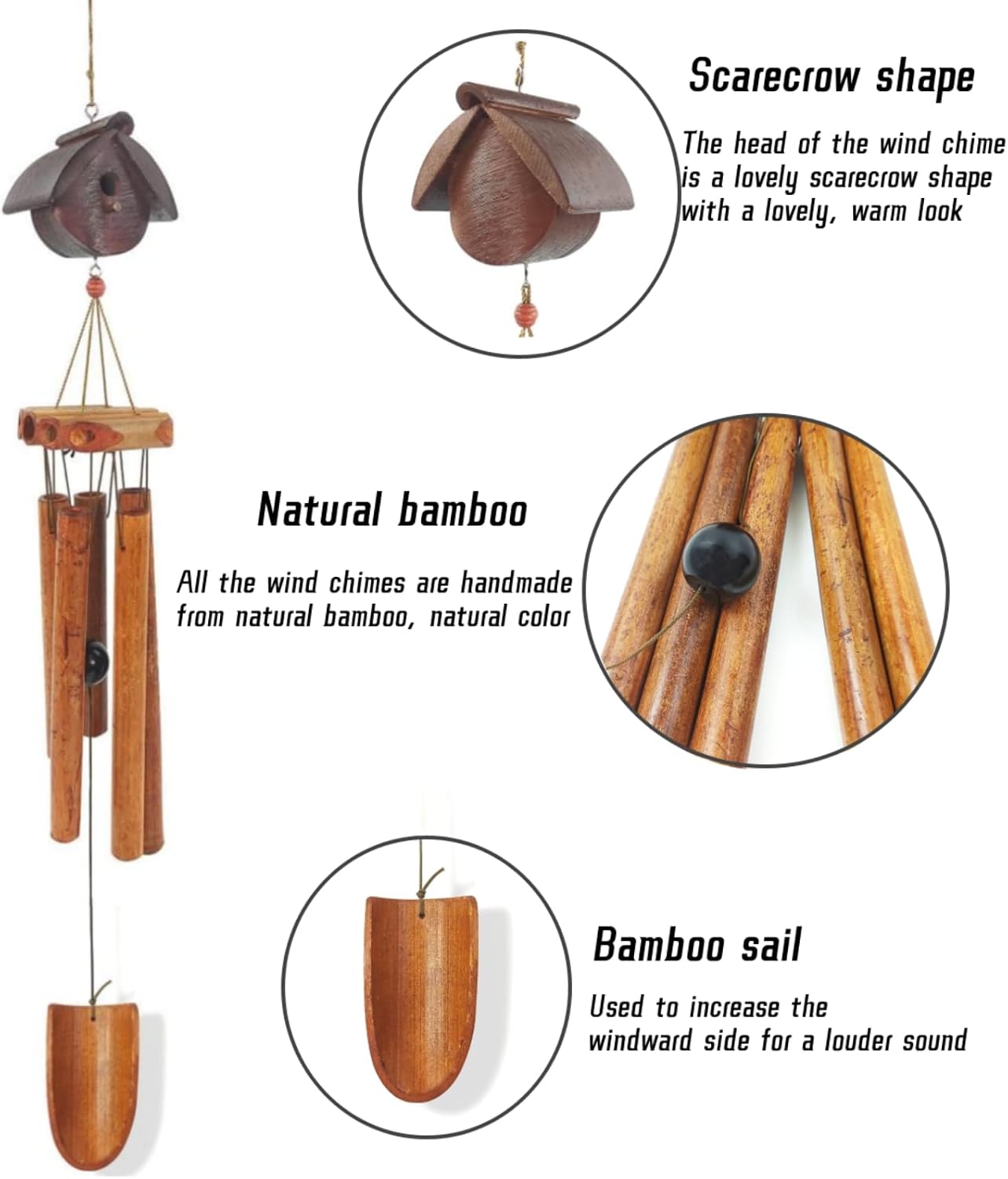 Bamboo Wind Chimes, Wind Chimes for Outside Outdoor Deep Tone, Handcrafted Memorial Wind Chimes with Calming Soothing Sounds, Ideal Garden, Patio, Backyard, Home Décor