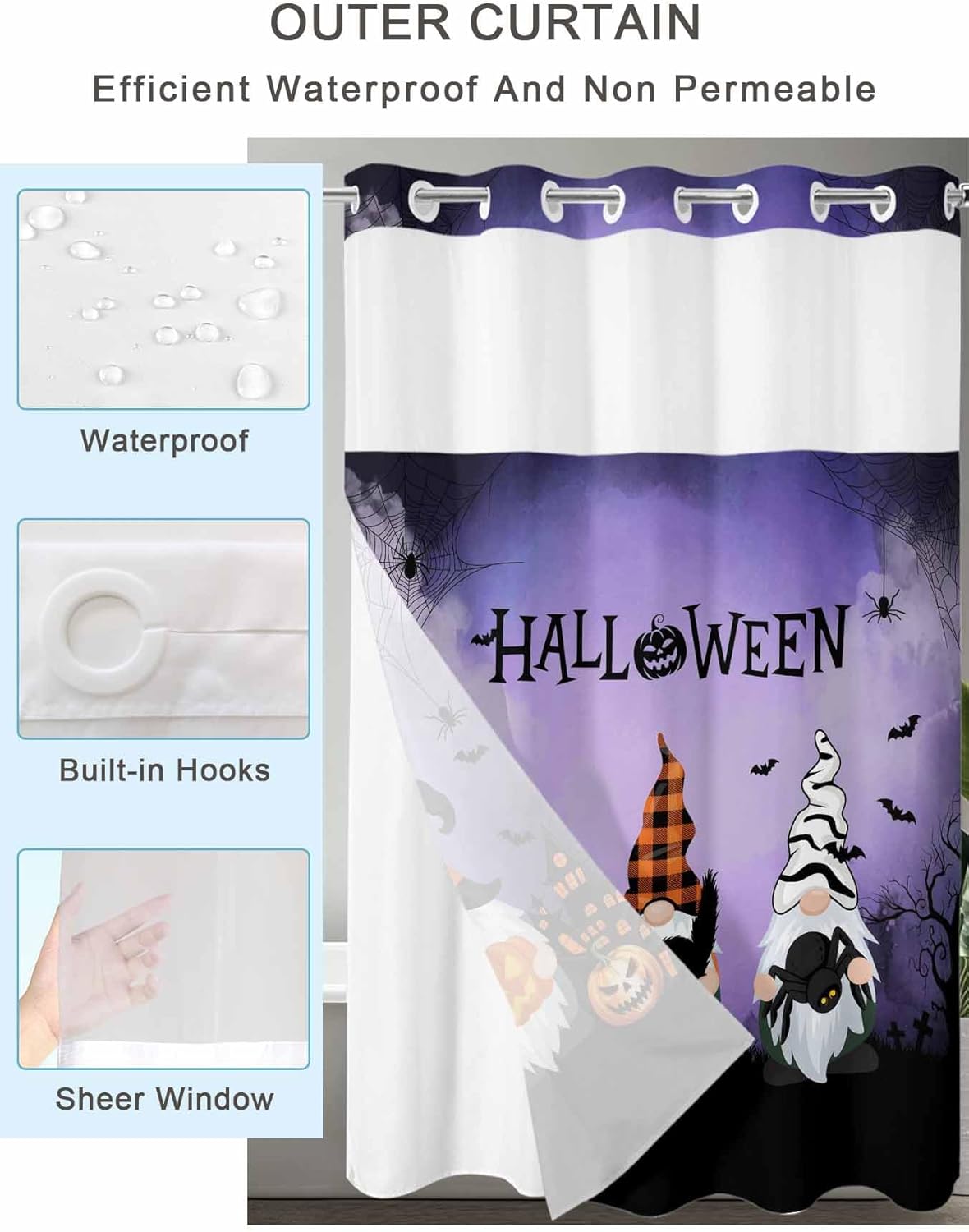 Teamery No Hook Shower Curtain with Snap in Liner, Halloween Hat Gnomes on Purple Curtain Set See-Through Top Double Layers Fabric Shower Curtains Black Hat Bat for Bathroom Decor, 36x72in