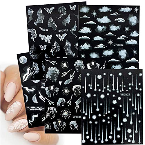 5D Gradient Embossed Relief White Nail Art Stickers 5 Sheets, Star Moon Portrait Butterfly Cloud Meteor Self-Adhesive Nail Decals for Women Nail DIY Nail Decoration Toenails Nail Art Design