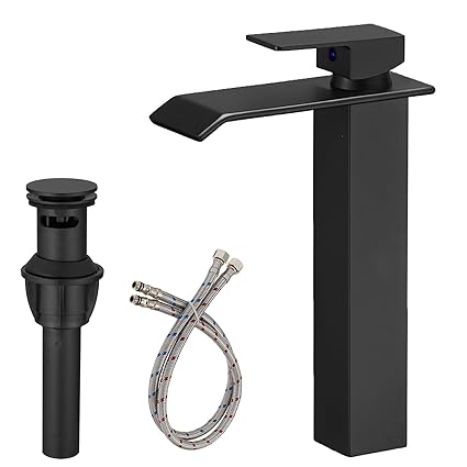Bathlavish Matte Black Bathroom Faucet Waterfall Spout Single Handle Single Hole Farmhouse 1 Handle Faucets for Vessel Sink Supply Line Lead-Free
