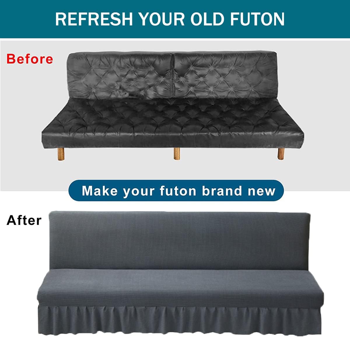 Armless Sofa Cover with Skirt Ruffled Stretch Futon Covers Full Size Machine Washable Stain Resistant Slipcover Furniture Protector Blue Small/120-150cm