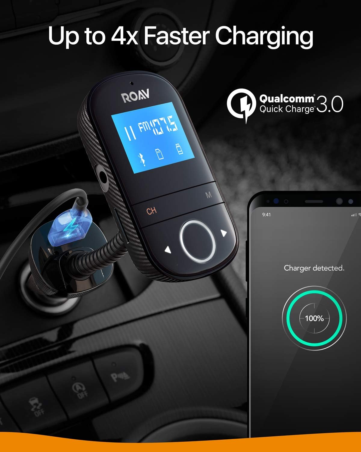 Anker Roav SmartCharge F3 Wireless Bluetooth 4.2 FM Transmitter for Car, Audio Adapter and Reciever Car Kit, 1.44 Inch Display, Dedicated App, Quick Charge 3.0, AUX Output, microSD Card Slot
