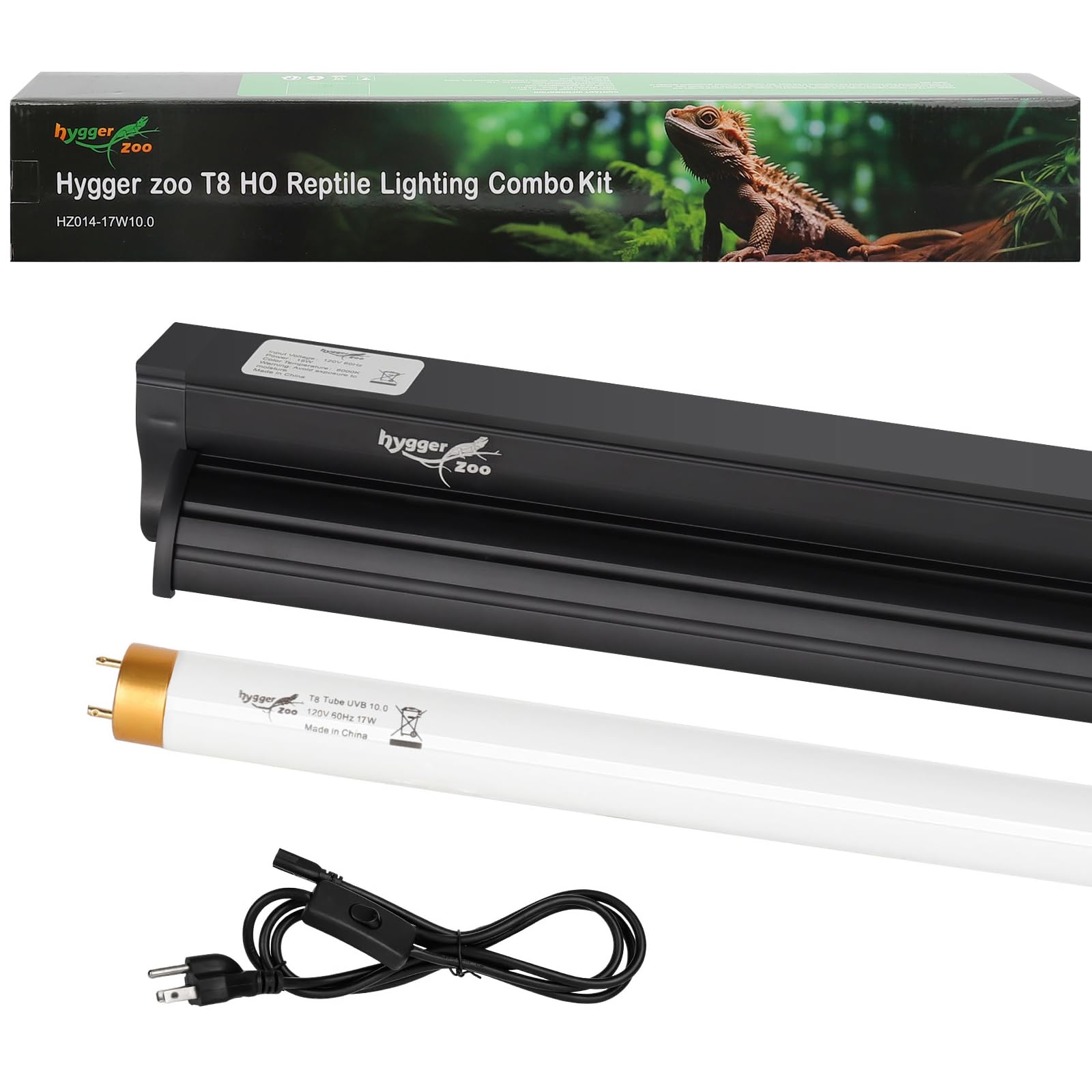 T8 10.0 UVB Reptile Light Fixture UVB Bulb Lighting Combo Kit, HO 17W UVB Light for Reptiles Terrarium Hood with Reptile UVB Light Bar UVB Tube Light