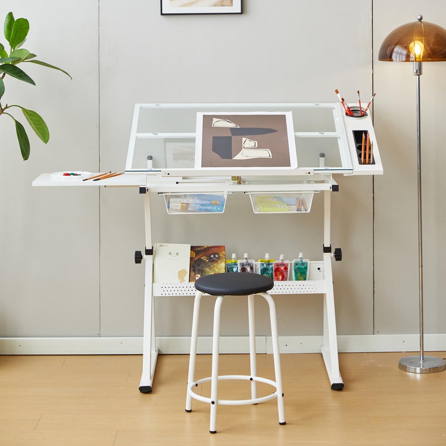 Drafting Table, 0-75° Tilting Glass Tabletop Drawing Table with Stool - Adjustable Height Art Desk with Multi-Storage for Sketching and Painting - Perfect for Artists and Hobbyists, White