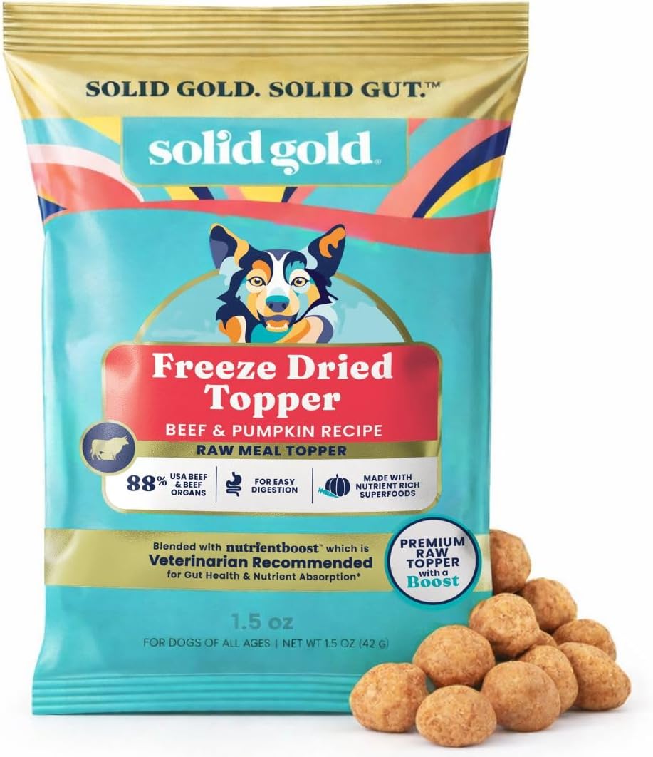 Solid Gold Freeze Dried Dog Food - W/Real Beef, Pumpkin & Superfoods - Freeze Dried Raw Dog Food Toppers for Picky Eaters to Serve as a Complete Meal, Meal Topper or High Protein Treats - 1.5oz