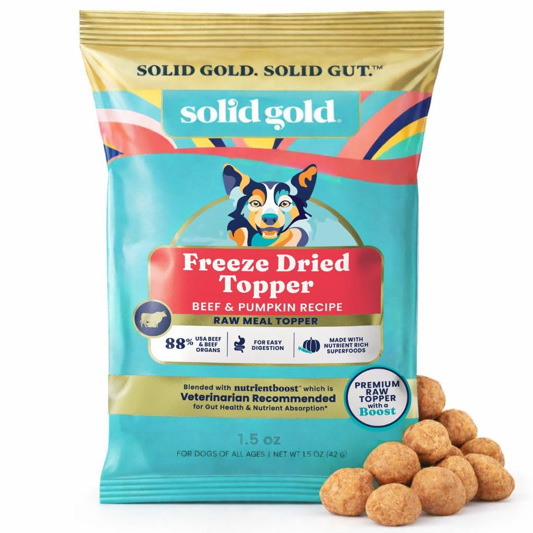 Solid Gold Freeze Dried Dog Food - W/Real Beef, Pumpkin & Superfoods - Freeze Dried Raw Dog Food Toppers for Picky Eaters to Serve as a Nutrient-Dense Meal Topper or High Protein Treats - 1.5oz
