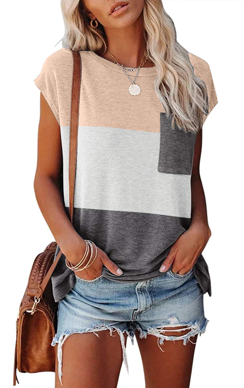 Women's Color Block Cap Sleeve T Shirts Summer Casual Tee Tops Loose Blouse