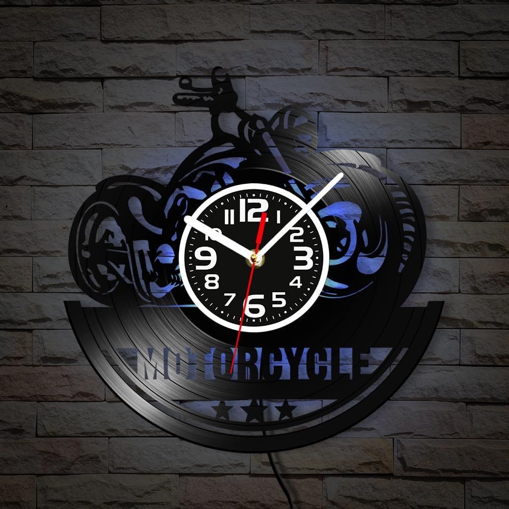 Geek Alerts 12''American Classic Motorcycle Retro LED illumination Wall Clock Made Of Real Vinyl Record,Motorbike Garage Sign Vintage Laser Cut Longplay Silent Quartz Clock Glow in Dark Gift for Biker